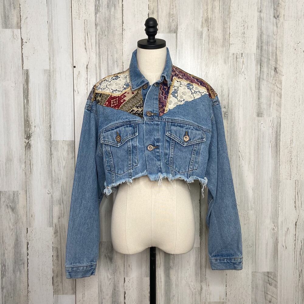 Carmar Tapestry Crop Jean Jacket Blue Denim LF Lace Boxy Festival Boho Size XS